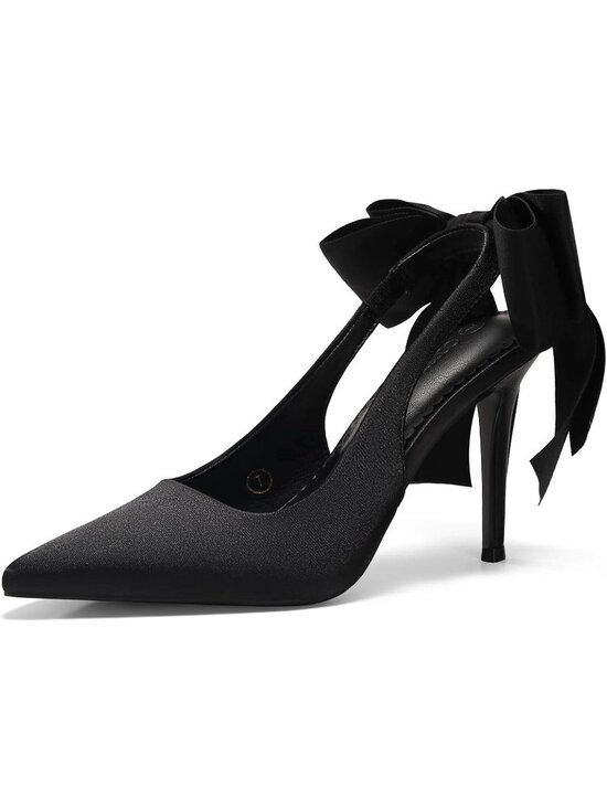 Shoes - Women's Black Slingback High Heels with Bow Closed Pointed Toe Dress Satin Pumps